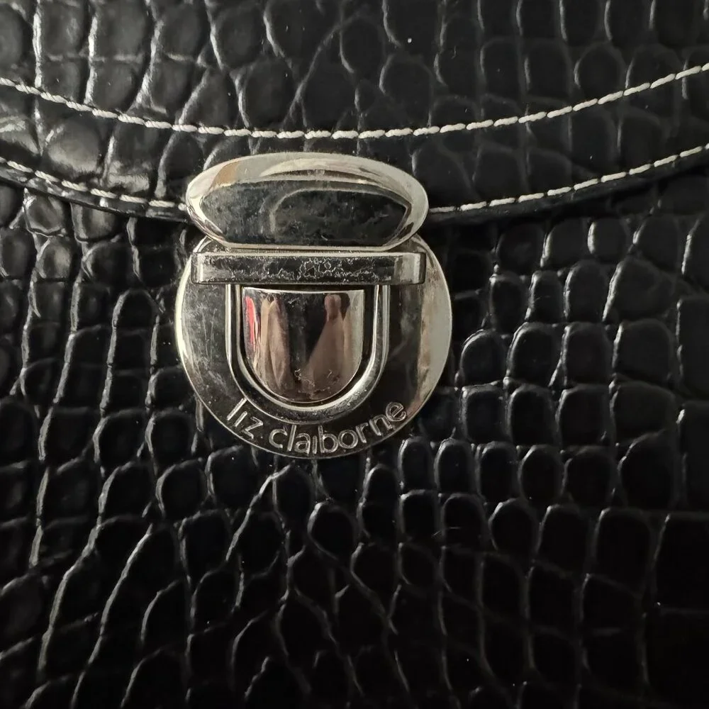 Liz Claiborne Tote Bag Womens Large Black Faux Croc Embossed Purse Satchel Work - Picture 3 of 10